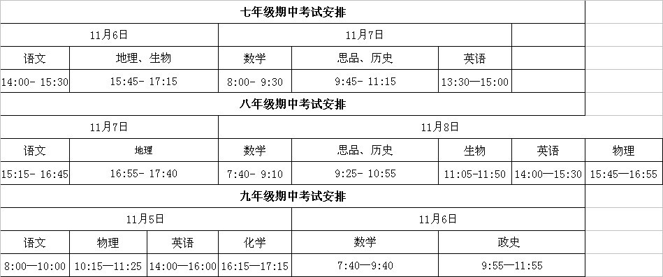 汇才学校各年级期中考试时间及各科目考试安排