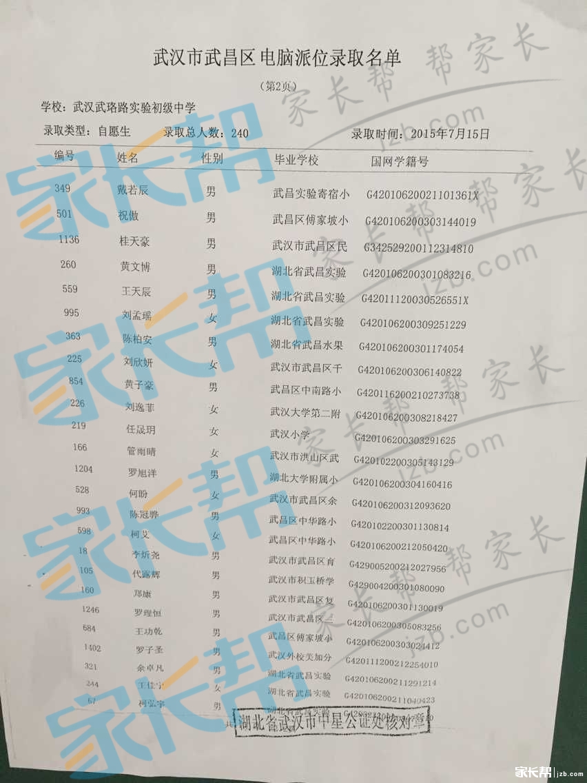 武珞路实验中学摇号名单高清版_2015武汉小升