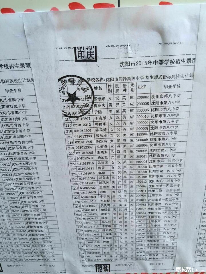 2015沈阳录取沈阳市同泽高级中学中考名单(含会高中考卷图片