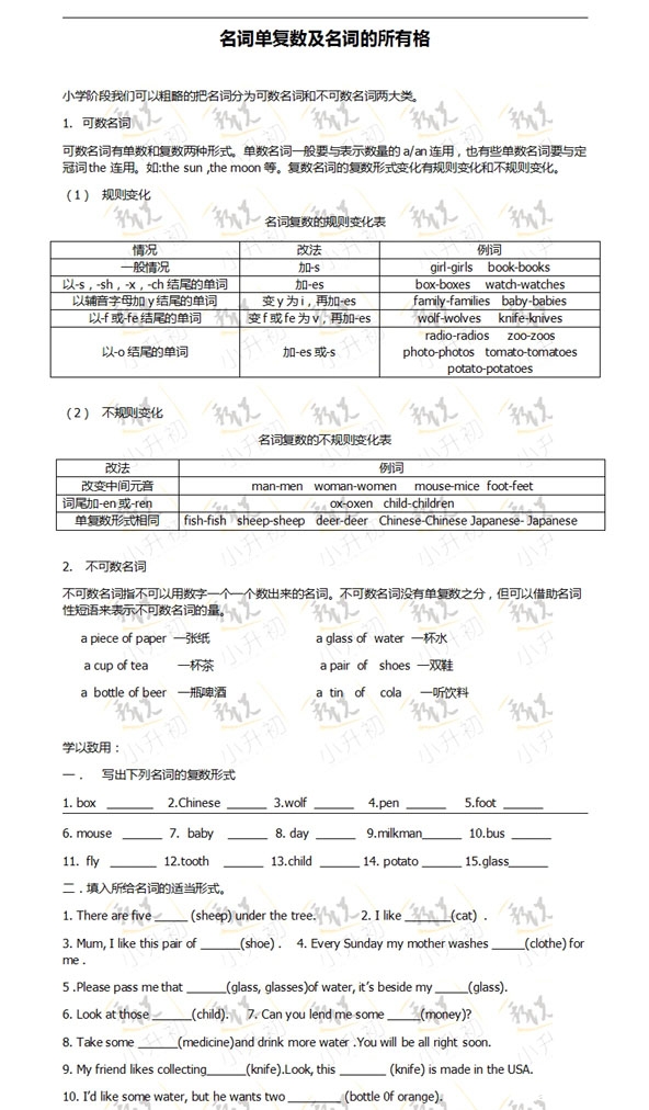 洛阳小升初英语 --名词单复数及名词所有格