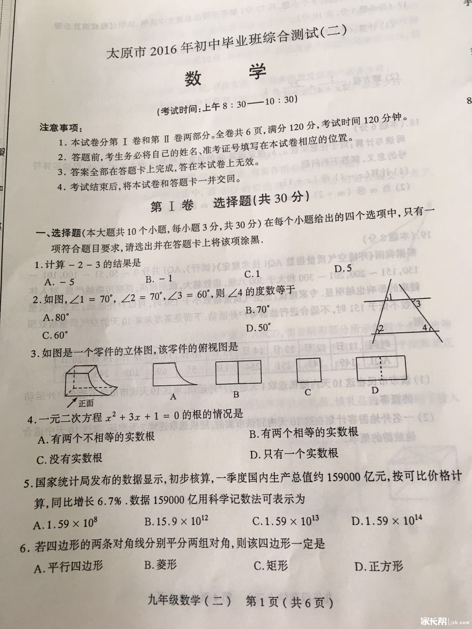 重磅来袭-2016太原市二模数学试卷分析+真题