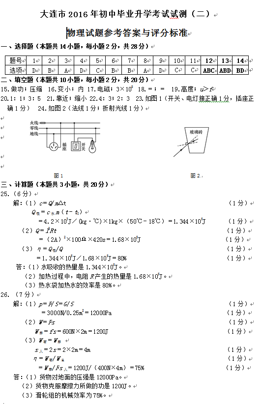 2015大连市中考物理一模
