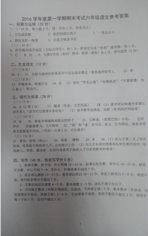 [首发]上海市浦东新区2016-2017学年六年级上