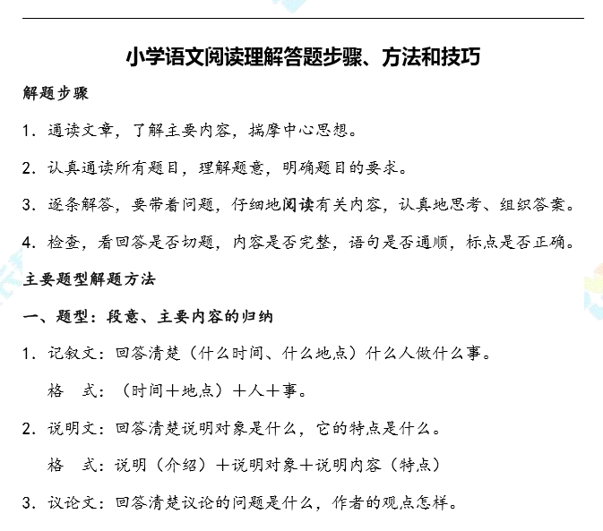 [试题资料]小学语文阅读理解答题步骤、方法和