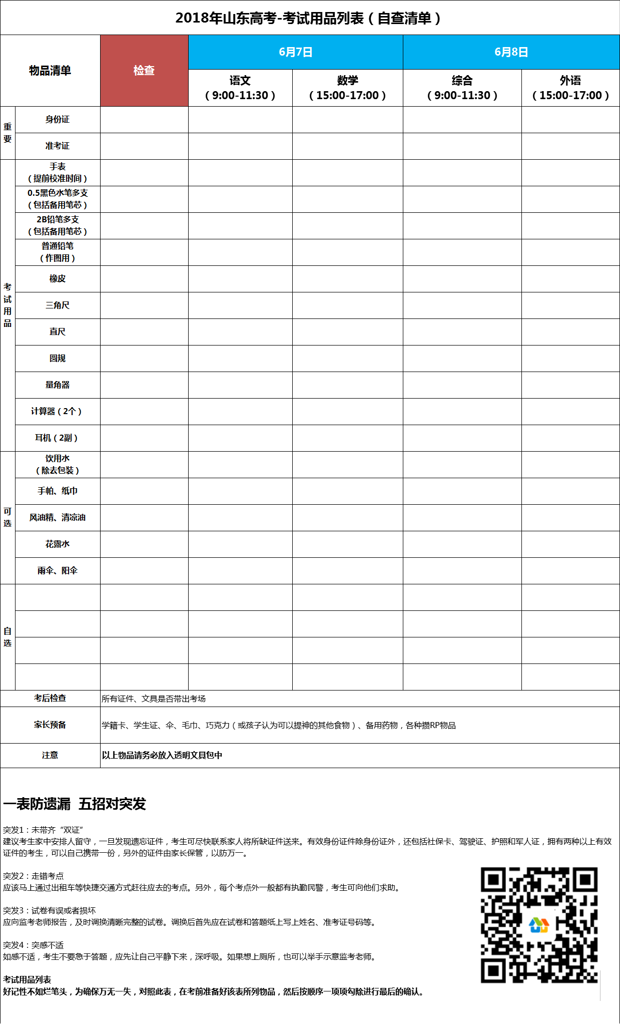 【2018山东高考】考试用品自查清单和注意事