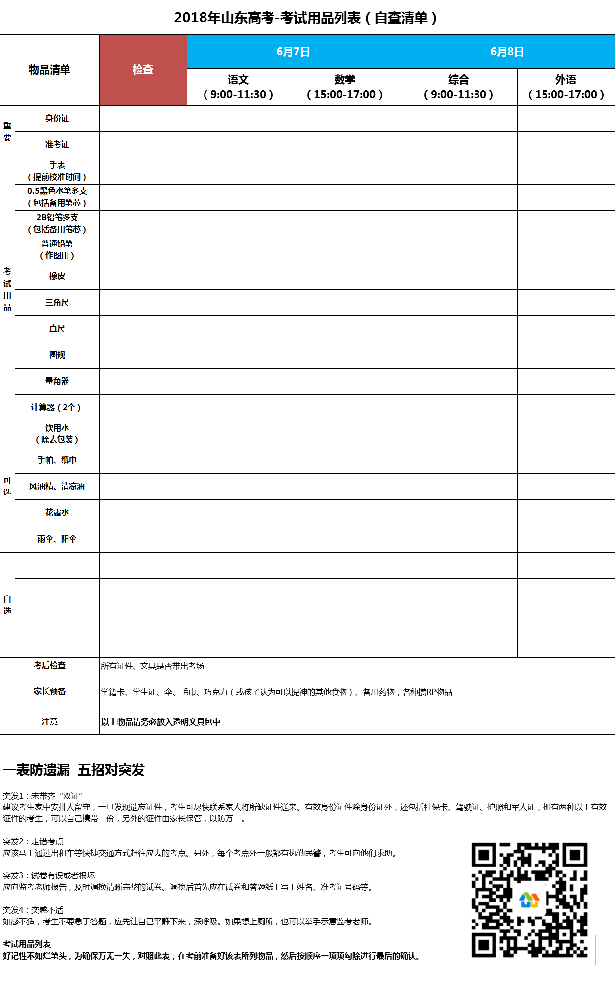 【2018山东高考】考试用品自查清单和注意事